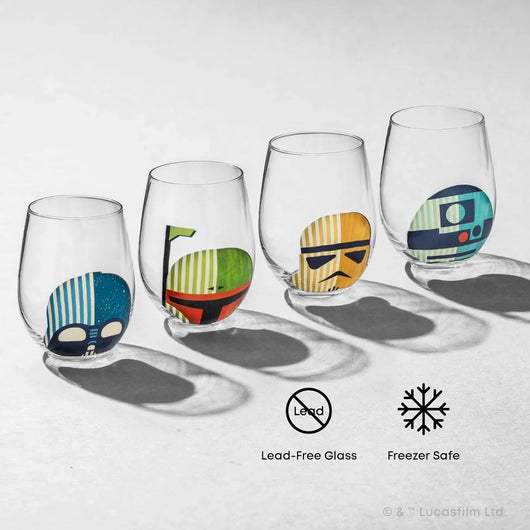 Set de vasos JoyJolt Star Wars Helmet Hues – 4 copas sin tallo de 562 ml con cascos icónicos, vidrio resistente, colección oficial para adultos y fans - Tekeno