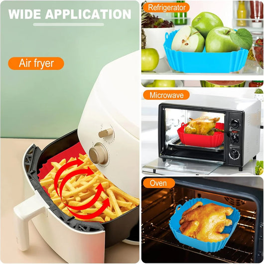 2 PCS Square Silicone Air Fryer Liners - 8 Inch Reusable Air Fryer Pot - Air Fryer Accessories - Air Fryer Inserts for 4 to 7 QT Oven Microwave Accessories (Red + Blue) - Tekeno