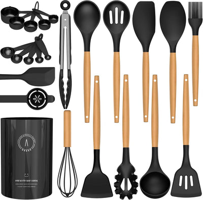 Silicone Cooking Utensils Set - Silicone Kitchen Utensils for Cooking Wooden Handles, 446°F Heat Resistant Kitchen Utensil Spatula Sets W Holder, Gadgets for Non-Stick Cookware BPA FREE (Black) - Tekeno