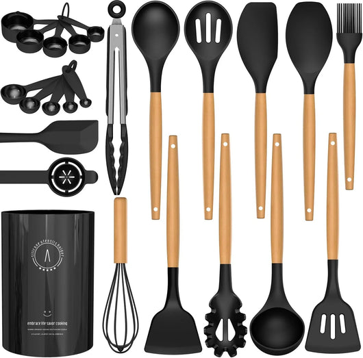 Silicone Cooking Utensils Set - Silicone Kitchen Utensils for Cooking Wooden Handles, 446°F Heat Resistant Kitchen Utensil Spatula Sets W Holder, Gadgets for Non-Stick Cookware BPA FREE (Black) - Tekeno