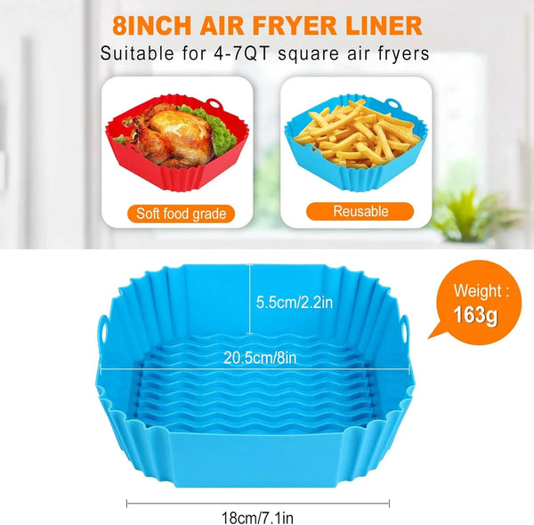 2 PCS Square Silicone Air Fryer Liners - 8 Inch Reusable Air Fryer Pot - Air Fryer Accessories - Air Fryer Inserts for 4 to 7 QT Oven Microwave Accessories (Red + Blue)