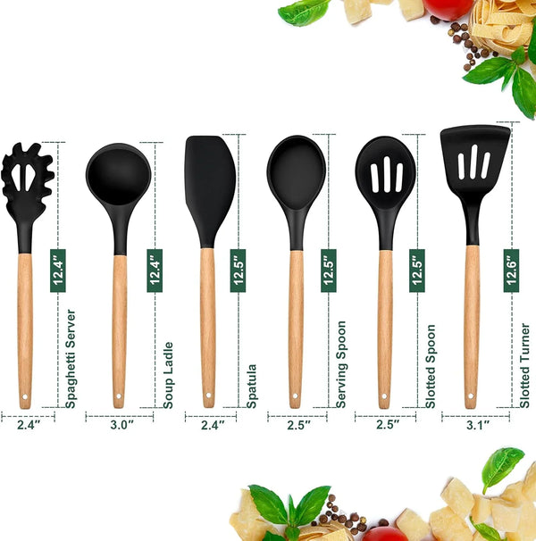 Cooking Utensils Set of 6, Silicone Kitchen Utensils with Wooden Handle, Non-Stick Cookware Friendly & Heat Resistant, Includes Spatula/Ladle/Slotted Turner/Serving Spoon/Spaghetti Server(Black)