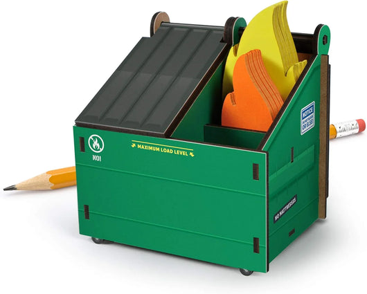 Organizador de escritorio estilo contenedor de basura – Genuine Fred, con tarjetas de notas en forma de llamas, 3 compartimientos para lápices y útiles, accesorio original y divertido para oficina - Tekeno