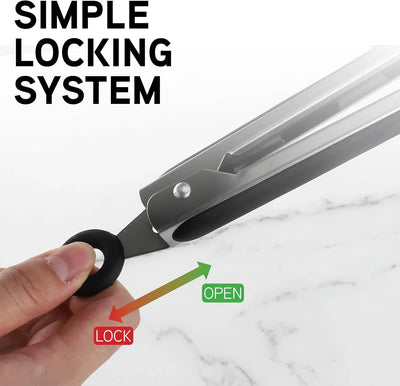 Stainless Steel Silicone Tipped Kitchen & BBQ Tongs Set, 3 Pc. Tongs, Black - Tekeno