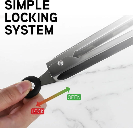 Stainless Steel Silicone Tipped Kitchen & BBQ Tongs Set, 3 Pc. Tongs, Black - Tekeno