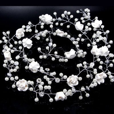 Cadena de Flores para el Cabello de Novia - Perlas Blancas Hecha a Mano - Image 5