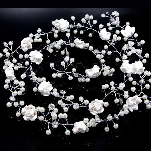 Cadena de Flores para el Cabello de Novia - Perlas Blancas Hecha a Mano - Image 5