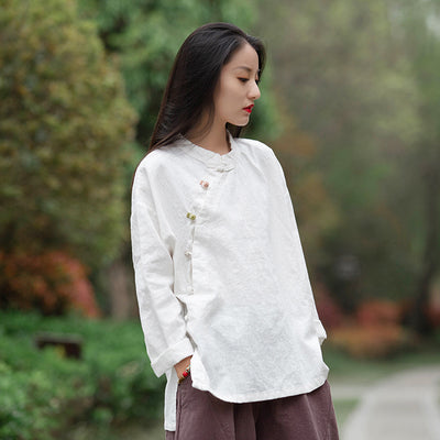 Blusa Retro de Algodón y Lino con Cuello Mao y Abertura Lateral - Otoño Invierno - Image 6