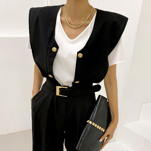 Camisa Suelta Doble Botonadura con Chal Contrastante Desmontable - Image 10