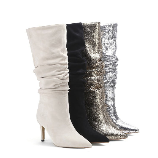 Botas Medianas Plisadas Plateadas para Mujer Talla Grande