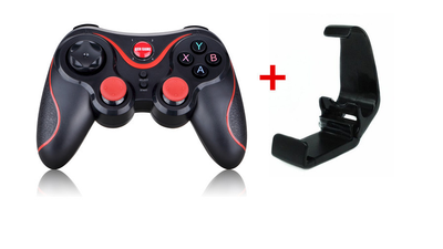 Black wireless Bluetooth gamepad with red accents, featuring a D-pad, analog sticks, and face buttons, shown with a detachable black smartphone clip. - Image 16