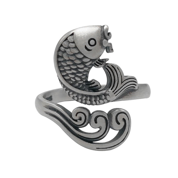 Anillo de Dedo Índice con Diseño de Ondas de Agua y Carpa - Image 2