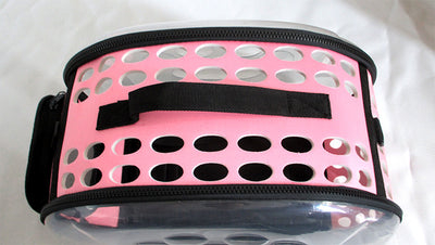 Gray and black pet carrier with a clear bubble window featuring paw prints and a mesh side for ventilation. - Image 19