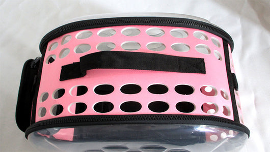 Gray and black pet carrier with a clear bubble window featuring paw prints and a mesh side for ventilation. - Image 19