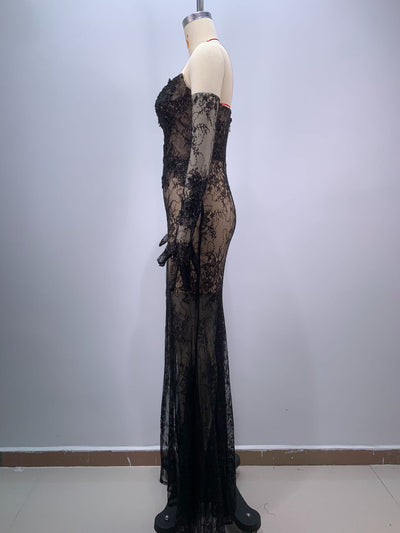 Vestido Largo Ajustado Negro con Encaje y Malla - Diseño Elegante con Abertura - Image 10