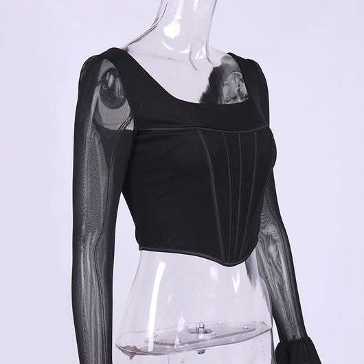 Blusa Crop Top Cuello Cuadrado con Mangas Acampanadas y Malla Efecto Espina de Pescado - Image 2