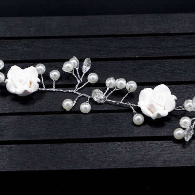 Cadena de Flores para el Cabello de Novia - Perlas Blancas Hecha a Mano - Image 3