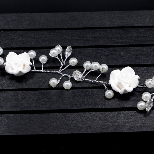 Cadena de Flores para el Cabello de Novia - Perlas Blancas Hecha a Mano - Image 3