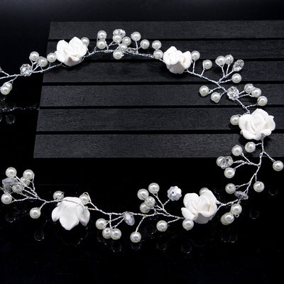 Cadena de Flores para el Cabello de Novia - Perlas Blancas Hecha a Mano - Image 4