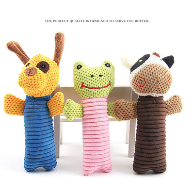 Yellow and blue plush dog toy with ribbed body, alongside a blue dog raincoat with hood and reflective strips.