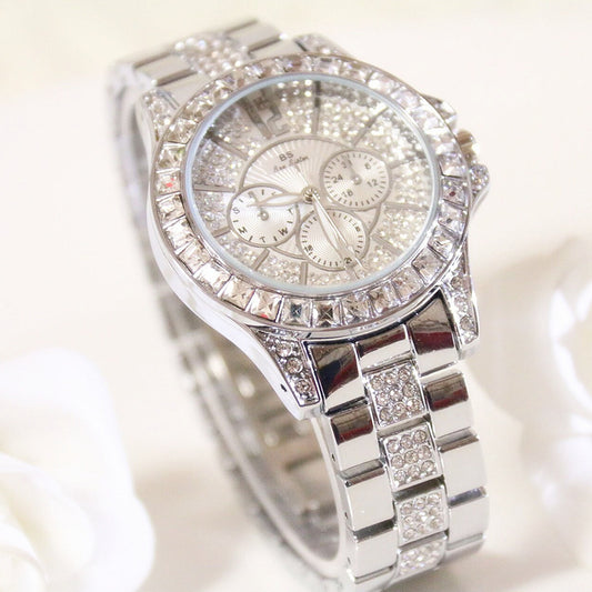 Reloj de Tres Ojos con Cristal Diamante Completo, Esfera Grande y Resistencia al Agua