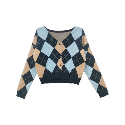 Cardigan Tejido Cuadros Diamante Retro para Mujer - Abrigo Suéter Manga Larga - Image 12