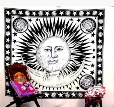 Black tapestry with a large central golden sun and white crescent moon, surrounded by celestial motifs and a decorative border. - Image 3