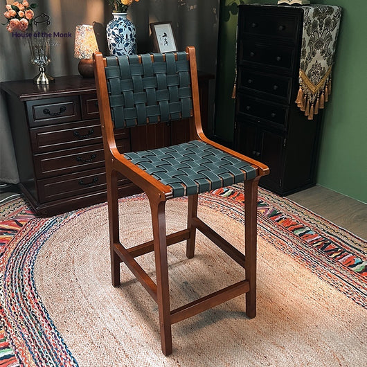 Taburete Alto de Cuero Vintage con Asiento de Silla de Madera Maciza - Image 7