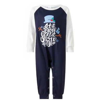 Matching family pajamas with navy blue and white raglan tops featuring a 'Let it Snow' graphic and snowman hat. Bottoms have a festive pattern of snowflakes, sn - Image 7