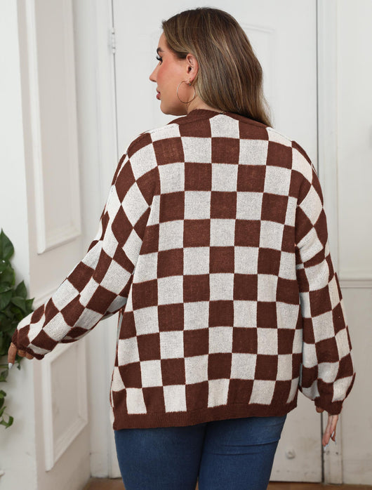 Suéter Cardigan Patchwork Contraste Cuadros Ajedrez Holgado Casual - Image 17