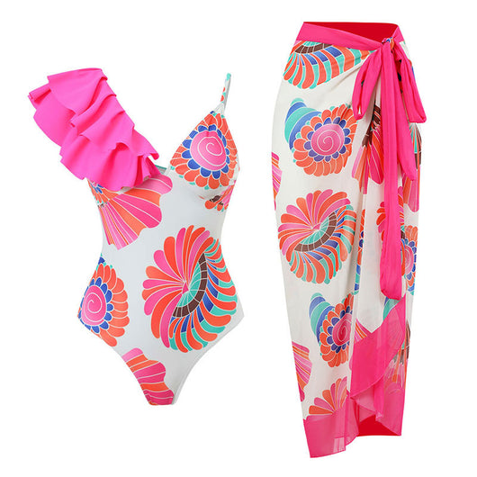 Women's one-shoulder ruffled swimsuit and matching sarong with blue and yellow lemon tile print. - Image 5