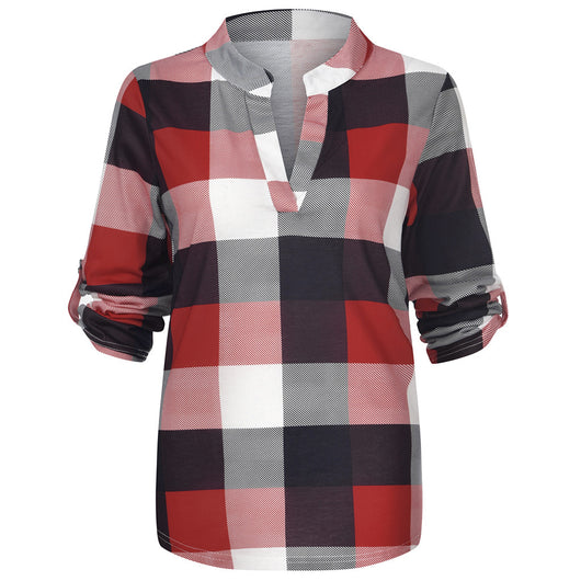 Camisa Casual de Cuadros con Escote en V y Mangas Largas - Image 19