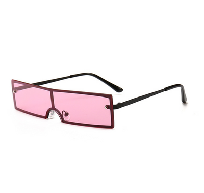 Red rectangular rimless sunglasses with gold-colored metal temples and black ear tips on a white background. - Image 11