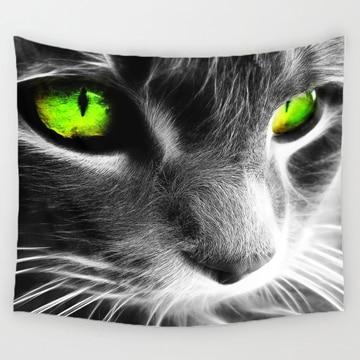 Black and white cat tapestry with glowing neon green eyes and white fractal outlines on its fur.