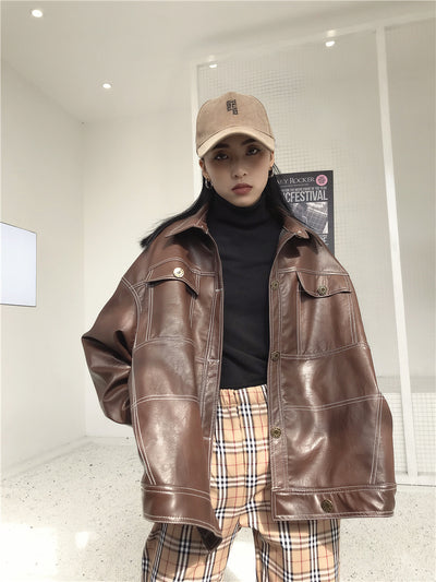 Chaqueta de Cuero PU para Motocicleta Mujer con Bolsillos Grandes y Costuras Topstitched - Image 9