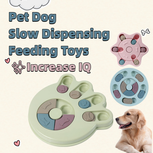 Paw-shaped dog puzzle feeder toy in light yellow with colorful sliding covers, filled with kibble.
