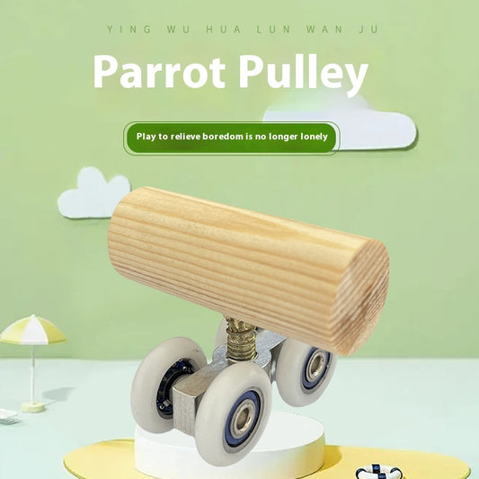 Wooden bird toy resembling a roller skate with a pine log body and four white wheels with metal bearings.