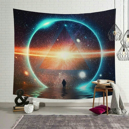 Cosmic Revelation Tapestry featuring a silhouetted figure in water, facing a glowing triangle within a blue ring in a starry galaxy. - Image 2