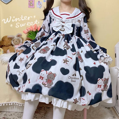 Vestido Milk Bear Cuello Marinero Manga Larga Azul Marino - Image 3