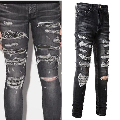 Jeans Slim Fit Gris con Parches de Flores de Marañón y Detalles Perforados - Image 12