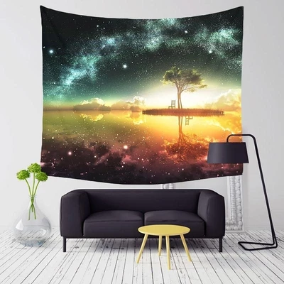 Digital printed tapestry featuring a vibrant galaxy sky, a lone tree on an island, and its reflection in water.