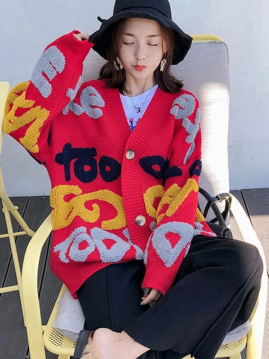 Cardigan Grueso Oversized con Letras - Suéter Voluminoso - Image 6
