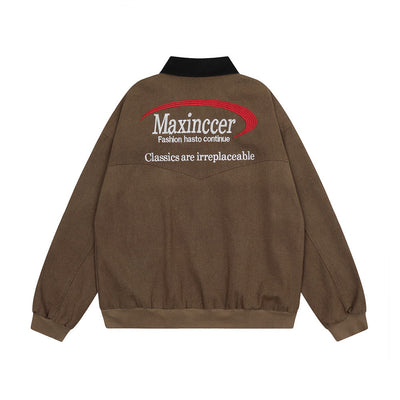 Chaqueta de Lona Retro con Cuello Solapa y Bordado de Alfabeto Americano - Image 4
