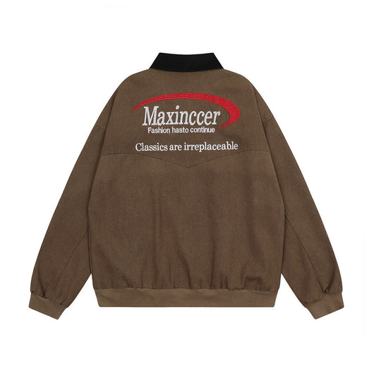 Chaqueta de Lona Retro con Cuello Solapa y Bordado de Alfabeto Americano - Image 4