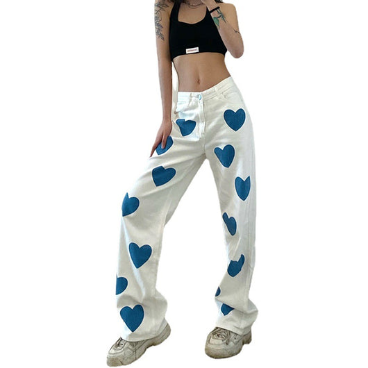 Pantalón Denim Talle Alto Recto con Estampado de Corazones - Image 4