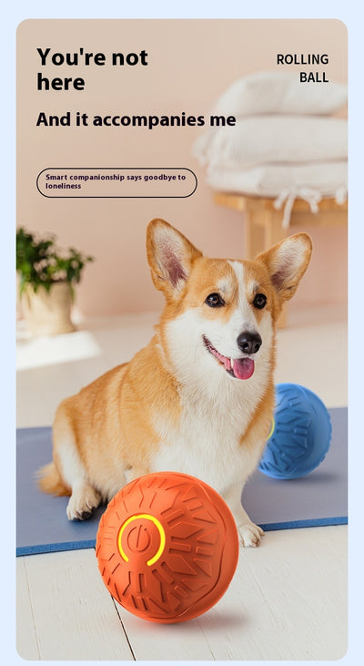 Upgraded blue electric jumping ball for pets with a yellow power button, made of chewable silicone, on a white pedestal. - Image 38