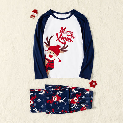 Matching family Christmas pajamas with white and navy blue long-sleeve tops, reindeer print, and "Merry Xmas!" text. - Image 9