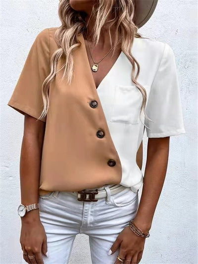 Blusa Elegante de Chifón con Contraste y Manga Corta para Mujer - Image 12