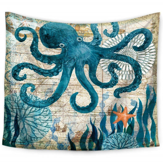Blue octopus tapestry with a vintage map background, featuring coral, seaweed, and an orange starfish. - Image 2