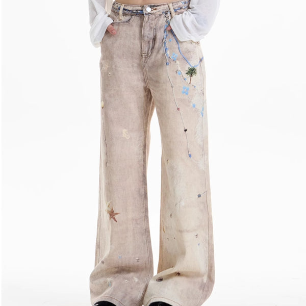 Pantalones Rectos Anchos Vintage con Estampado de Cadena para Mujer